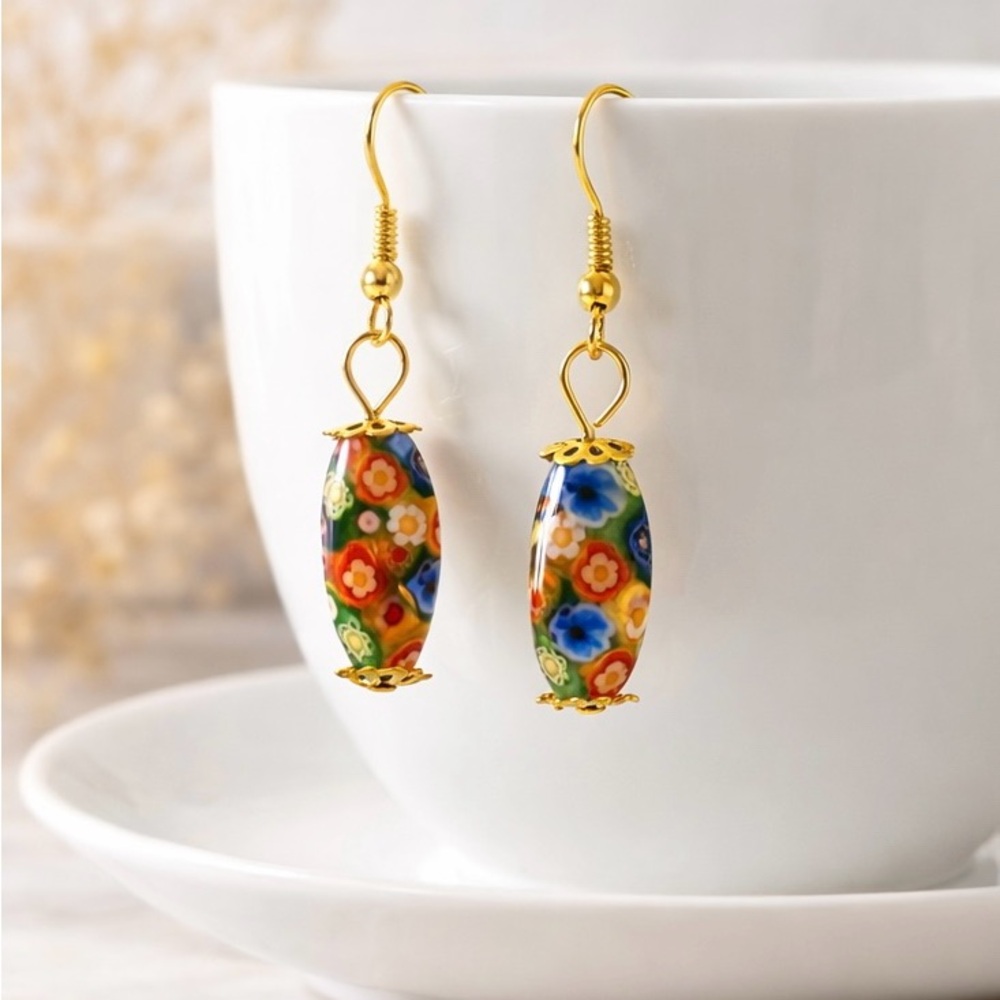 Colorful Floral Bead Dangle Earrings – Gold Tone Hooks – Boho Style